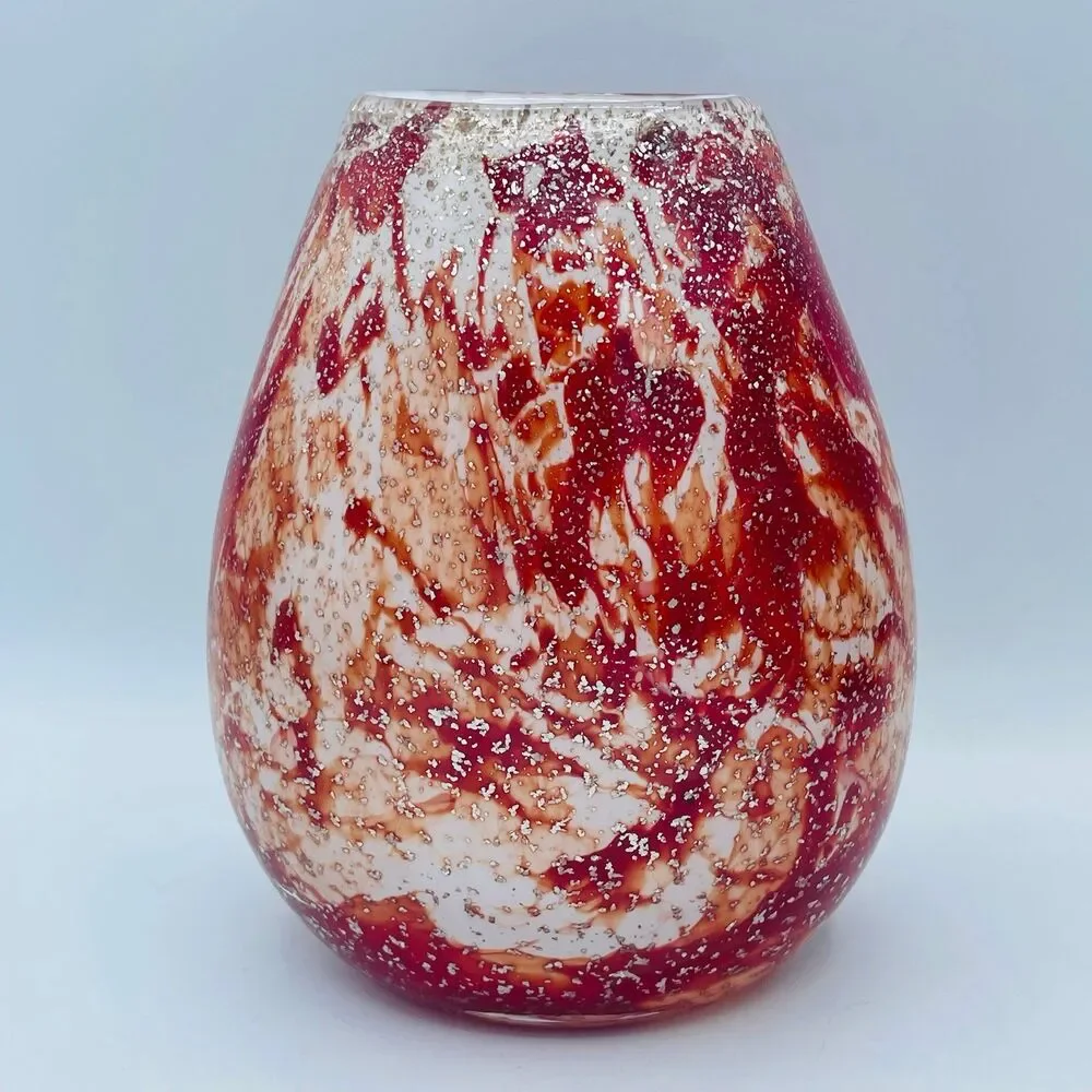 Vintage Red White Silver Specked Zorza Handmade Polish Art Glass Decorative Vase